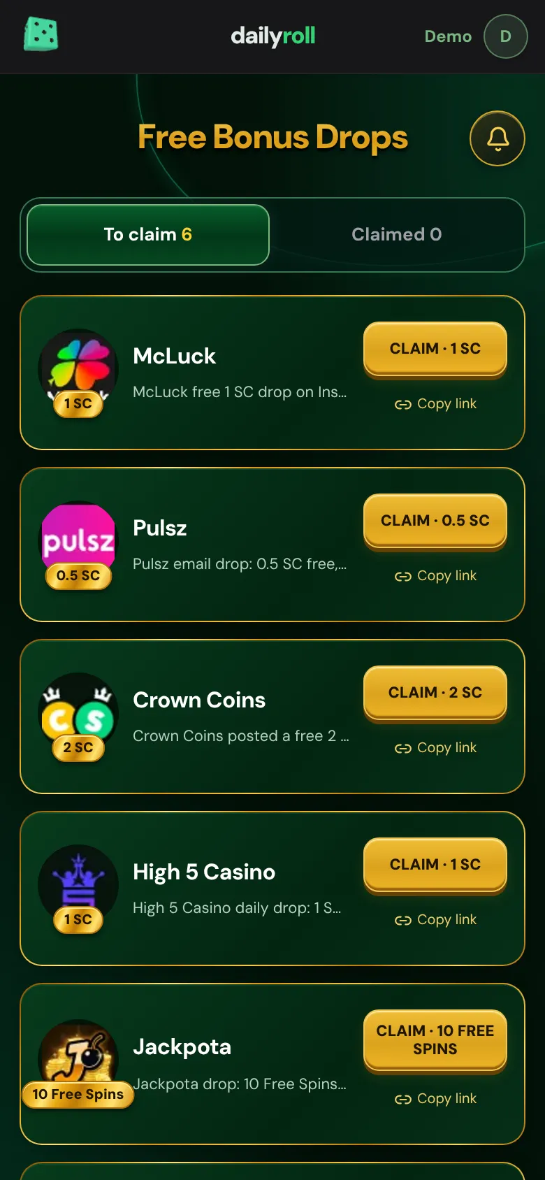 Bonus drops: today's free Sweeps Coin drops from each casino, ready to claim