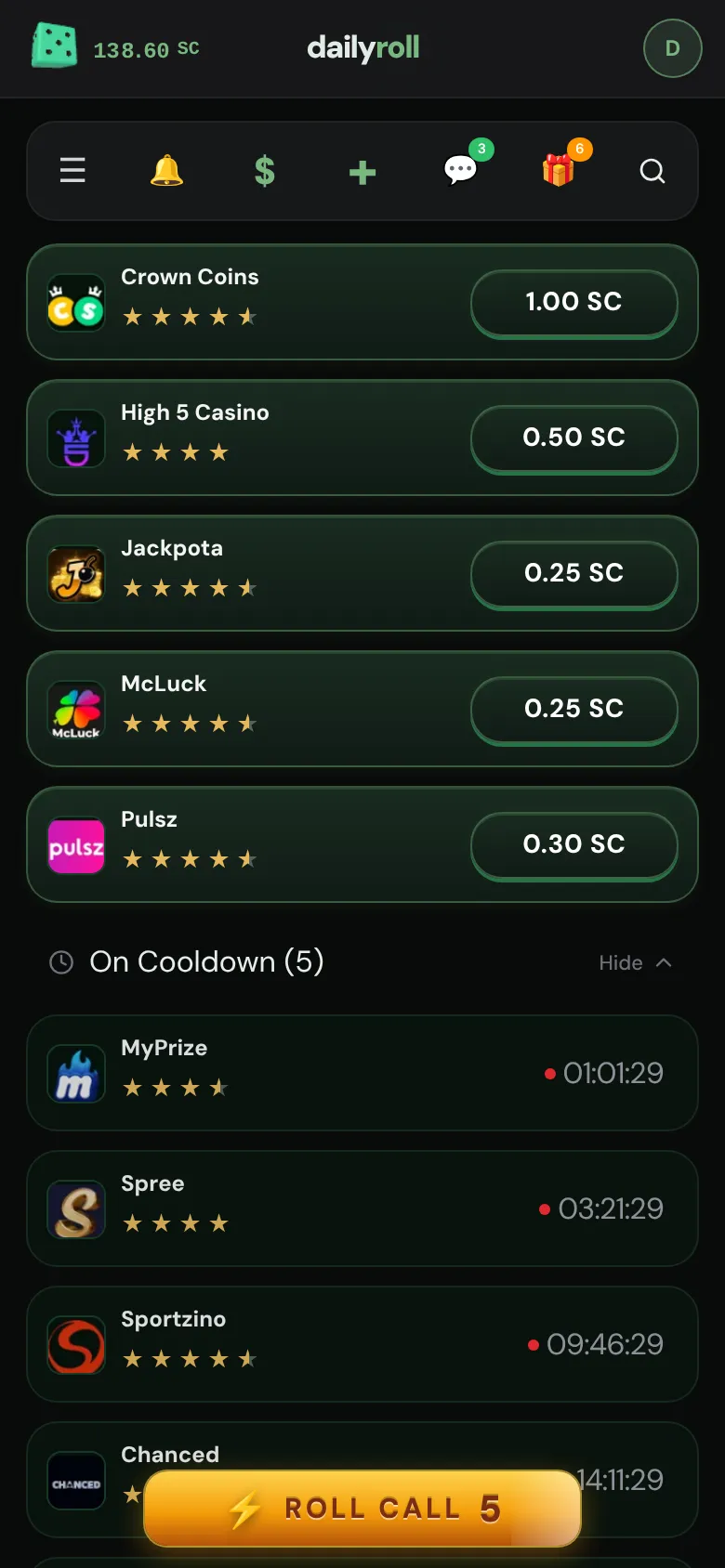 Rollcall: casinos ready to claim at the top, the rest counting down to their next bonus